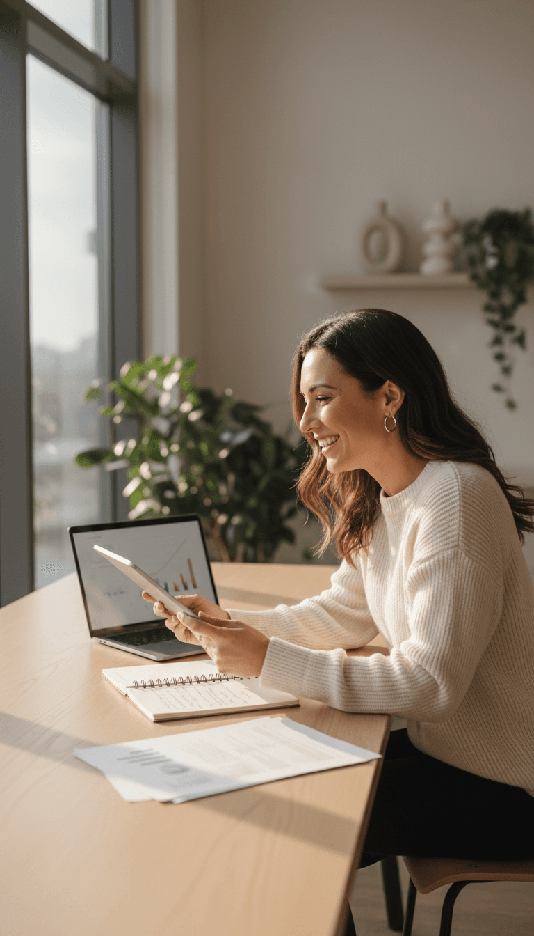 Professional woman reviewing job placement documents at a modern workspace