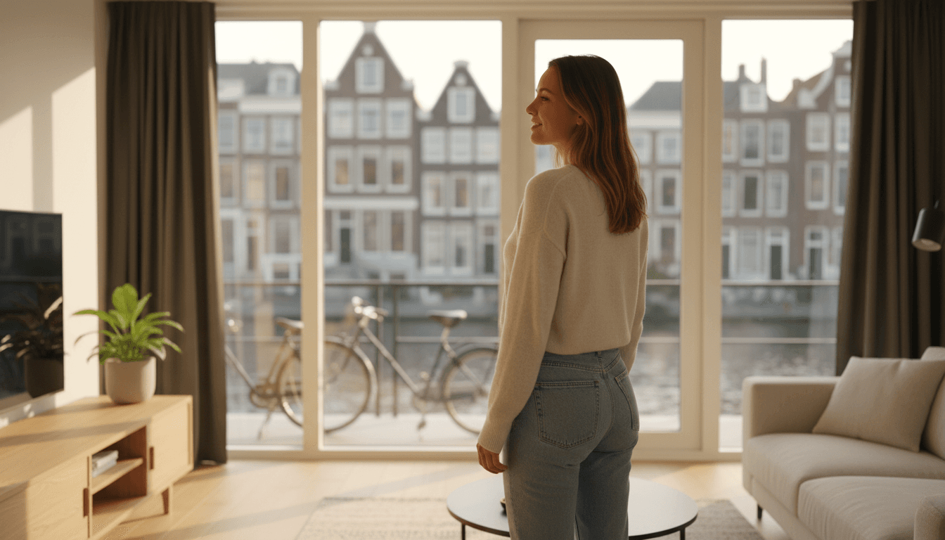 Expat woman looking out window of modern Amsterdam apartment