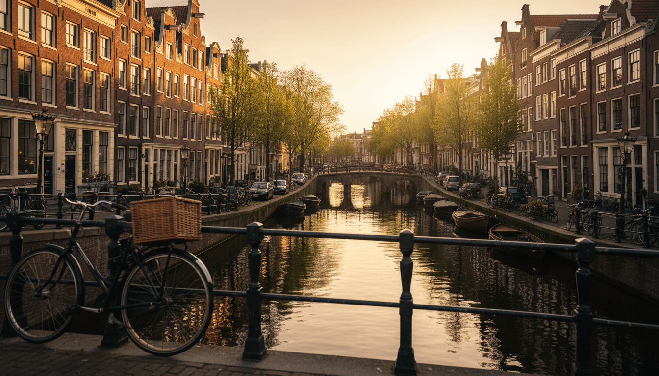 Scenic Amsterdam canal with historic buildings and bicycle on a bridge at golden hour