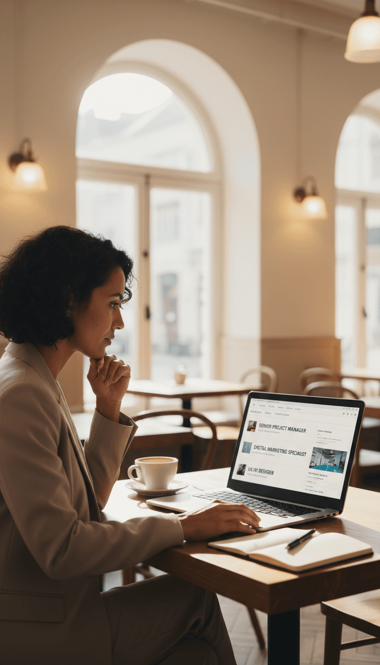 Professional reviewing job opportunities on laptop