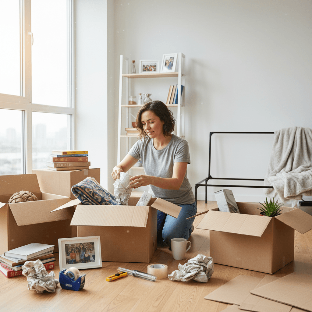 Person unpacking belongings in new home