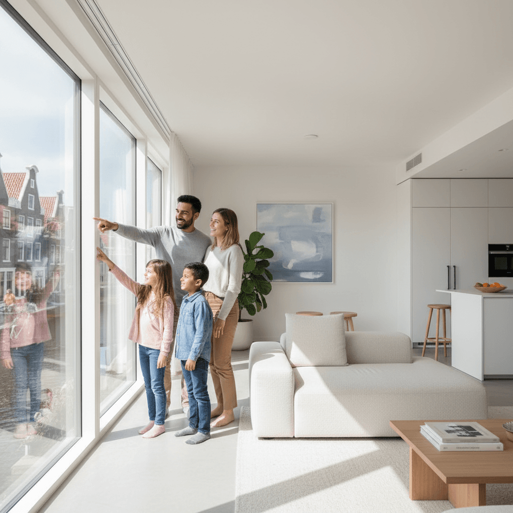 Modern apartment interior with bright windows