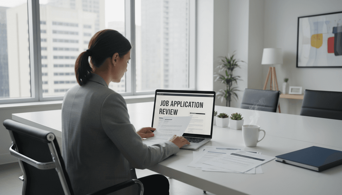 A professional reviewing documents on a laptop in a bright modern office