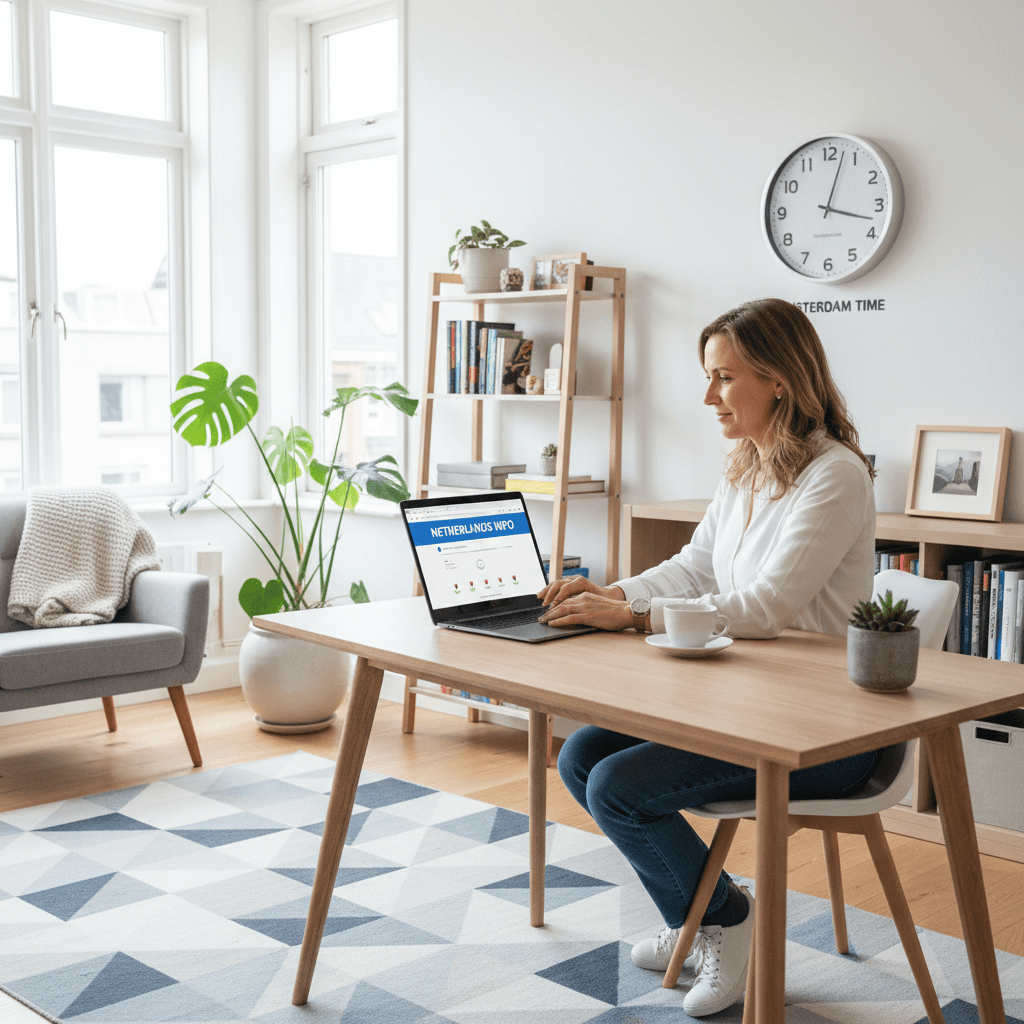 Person researching on laptop in home office