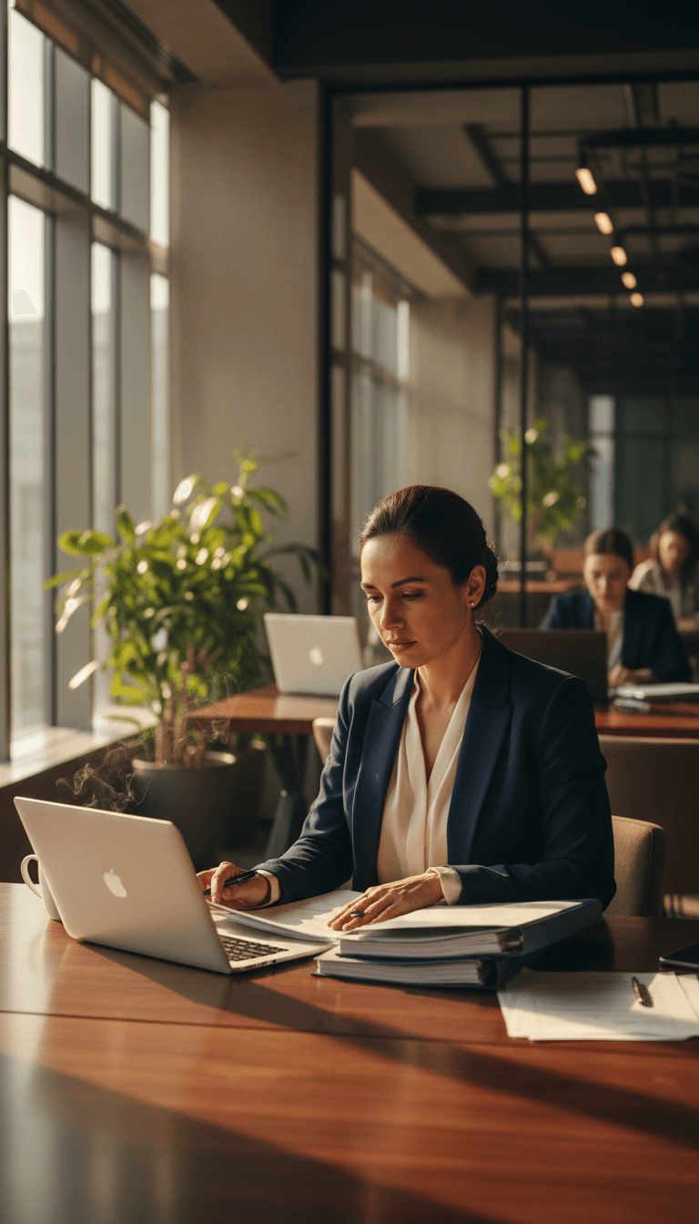 Professional reviewing relocation documents at desk