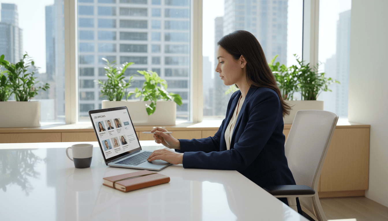 Professional woman reviewing job applications on a laptop