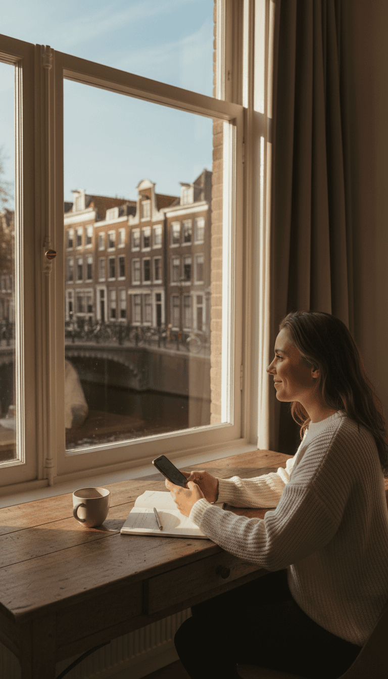 Person in an apartment looking at phone by a sunny window, with canal view
