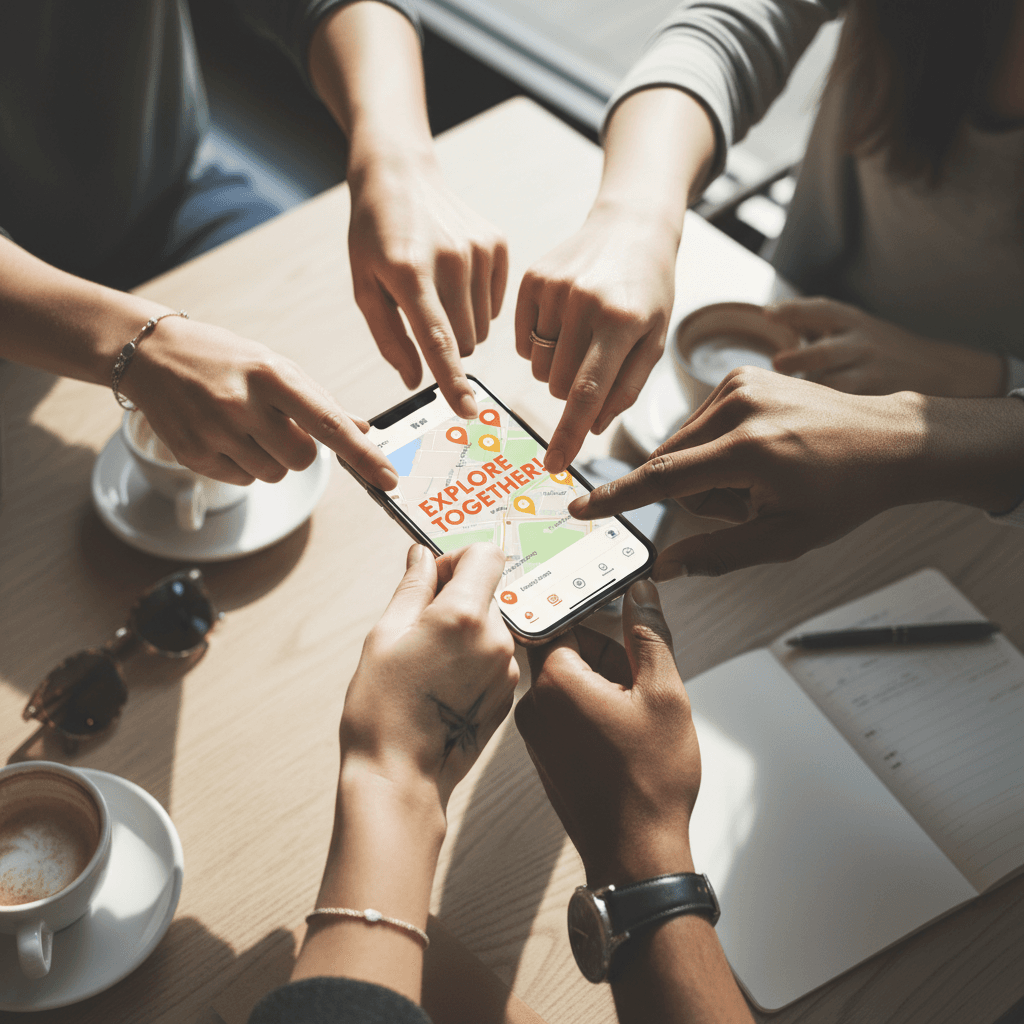 Diverse friends' hands coming together over smartphone showing activity map and notification badges