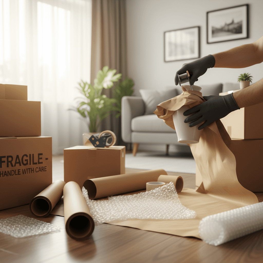Young professional organizing relocation boxes in a bright, modern apartment during a move to the Netherlands